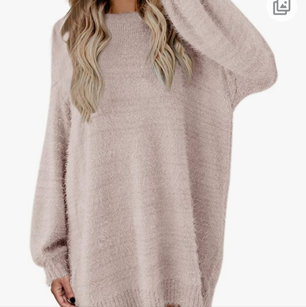 Furry Crewneck Oversized Loose Long Pullover Sweater Dress, Apricot